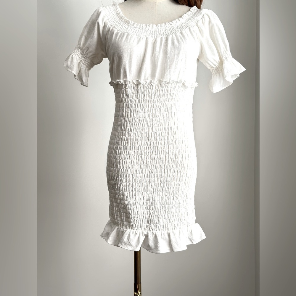 COPY - Vici cream colored cotton off shoulder ruched mini dress, size small